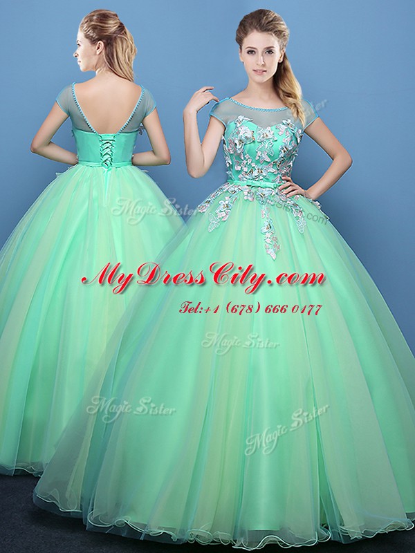 Apple Green Ball Gowns Tulle Scoop Cap Sleeves Appliques Floor Length Lace Up Ball Gown Prom Dress