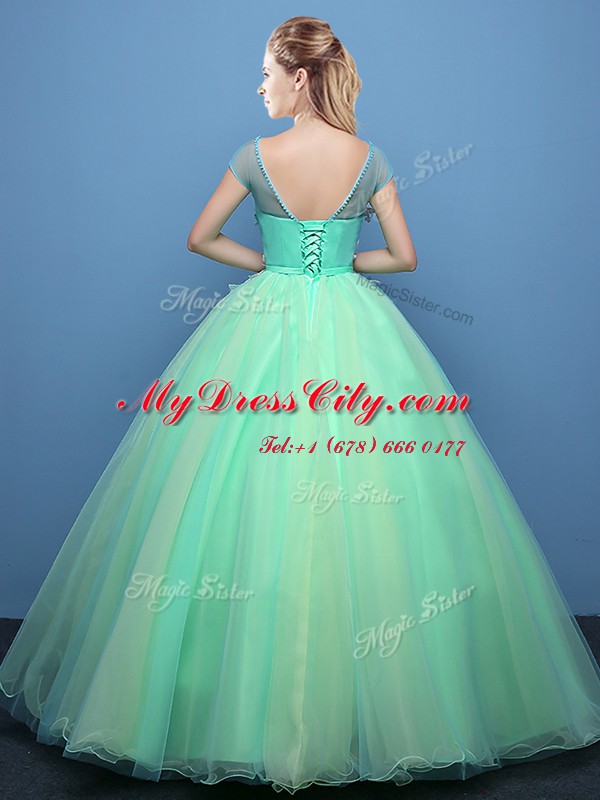 Apple Green Ball Gowns Tulle Scoop Cap Sleeves Appliques Floor Length Lace Up Ball Gown Prom Dress