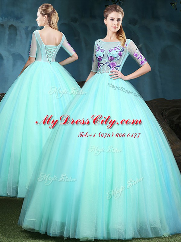 Designer Scoop Floor Length Apple Green Quinceanera Gown Tulle Half Sleeves Appliques