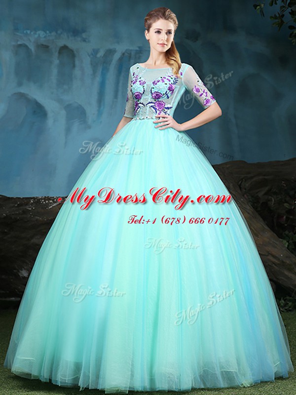 Designer Scoop Floor Length Apple Green Quinceanera Gown Tulle Half Sleeves Appliques