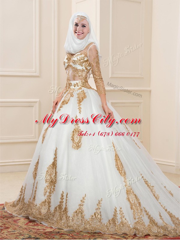 High Quality White Tulle Zipper Sweet 16 Quinceanera Dress 3 4 Length Sleeve Sweep Train Appliques