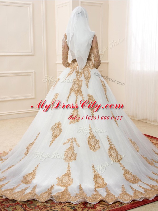 High Quality White Tulle Zipper Sweet 16 Quinceanera Dress 3 4 Length Sleeve Sweep Train Appliques