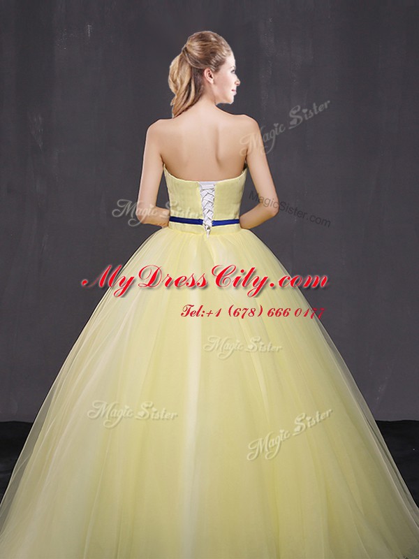 Discount Floor Length Yellow Vestidos de Quinceanera Tulle Sleeveless Appliques