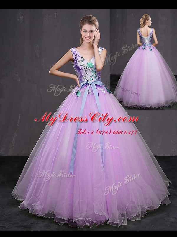 V-neck Sleeveless Lace Up Sweet 16 Dress Lilac Tulle