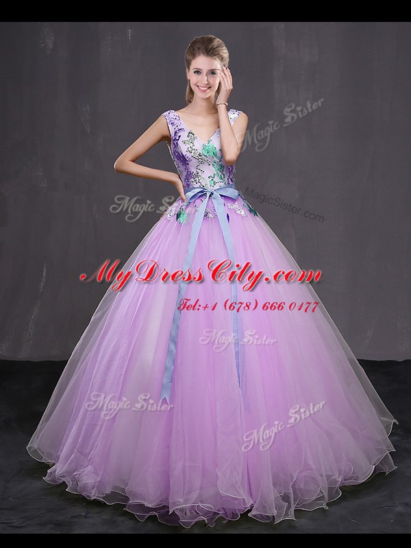 V-neck Sleeveless Lace Up Sweet 16 Dress Lilac Tulle