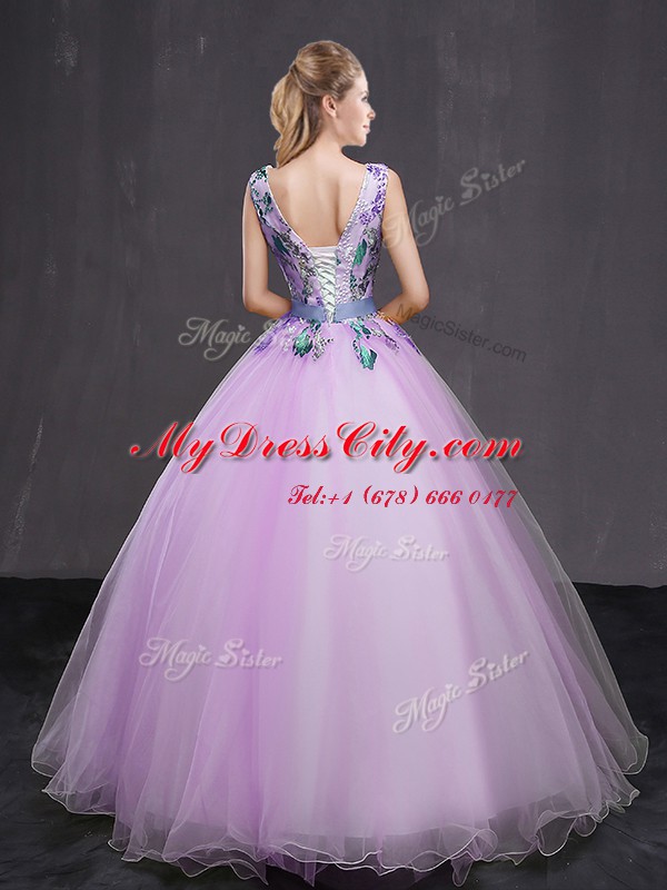 V-neck Sleeveless Lace Up Sweet 16 Dress Lilac Tulle