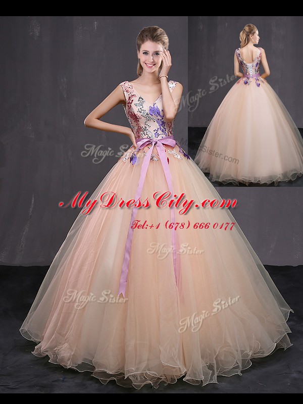 Designer Peach Lace Up V-neck Appliques and Belt Quinceanera Gowns Tulle Sleeveless