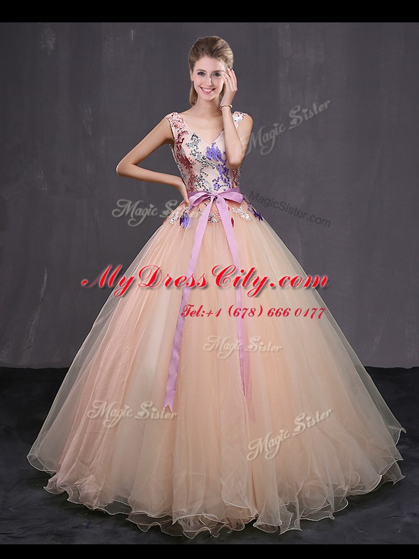 Designer Peach Lace Up V-neck Appliques and Belt Quinceanera Gowns Tulle Sleeveless