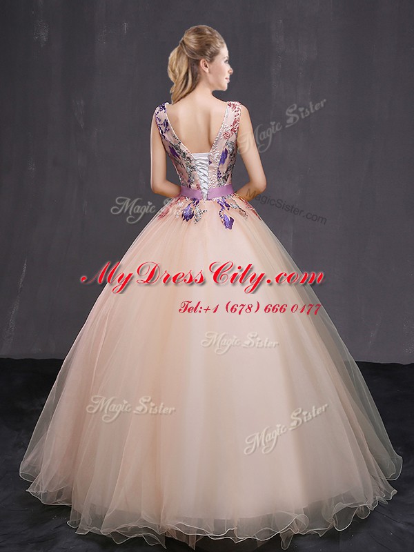 Designer Peach Lace Up V-neck Appliques and Belt Quinceanera Gowns Tulle Sleeveless