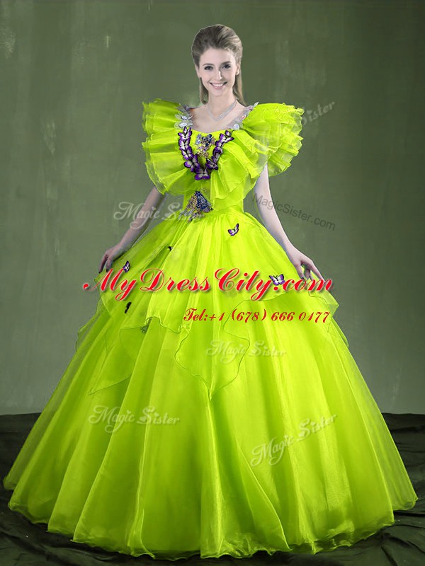 Attractive Yellow Green Sweetheart Lace Up Appliques and Ruffles Sweet 16 Dress Sleeveless