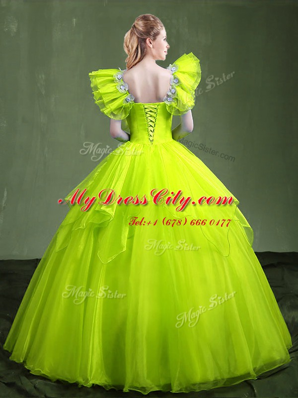 Attractive Yellow Green Sweetheart Lace Up Appliques and Ruffles Sweet 16 Dress Sleeveless