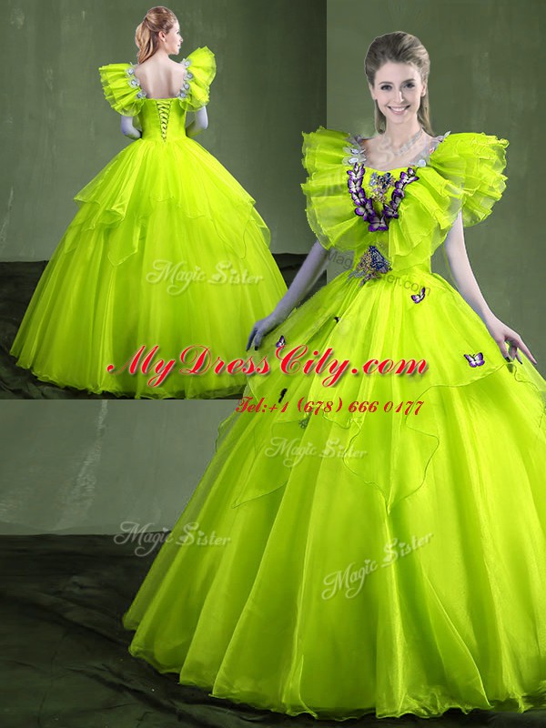 Attractive Yellow Green Sweetheart Lace Up Appliques and Ruffles Sweet 16 Dress Sleeveless