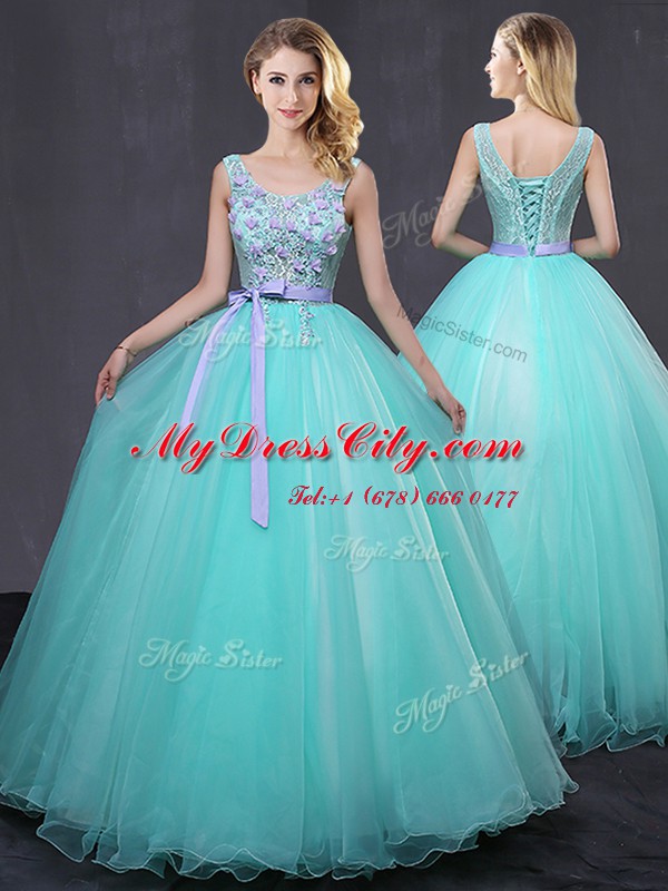 Most Popular Scoop Sleeveless Quinceanera Gown Floor Length Appliques and Belt Aqua Blue Tulle