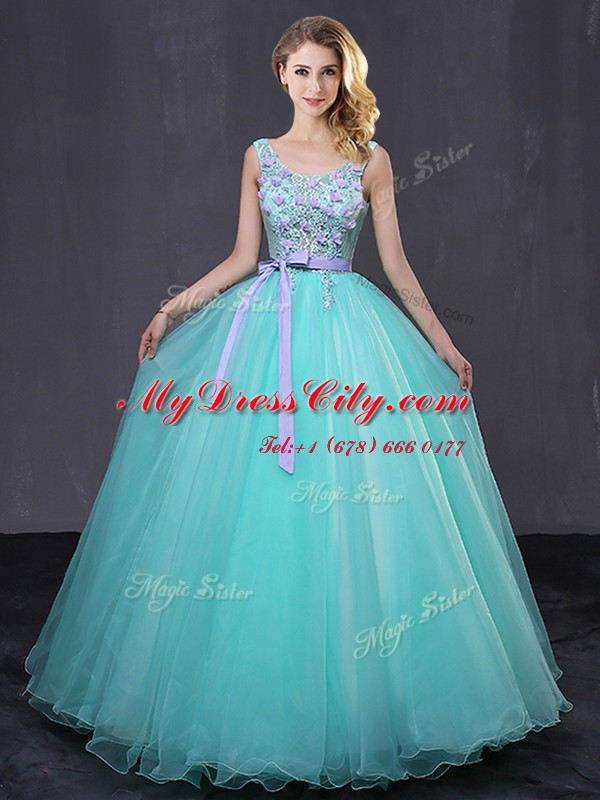 Most Popular Scoop Sleeveless Quinceanera Gown Floor Length Appliques and Belt Aqua Blue Tulle