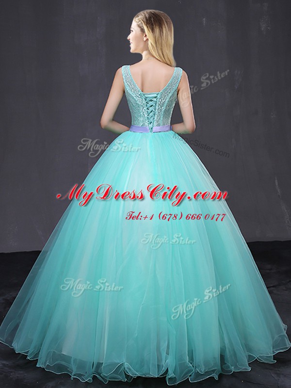 Most Popular Scoop Sleeveless Quinceanera Gown Floor Length Appliques and Belt Aqua Blue Tulle