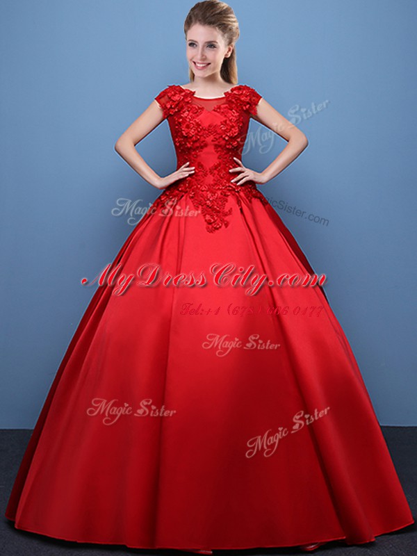 Noble Floor Length Red Sweet 16 Dress Scoop Cap Sleeves Lace Up