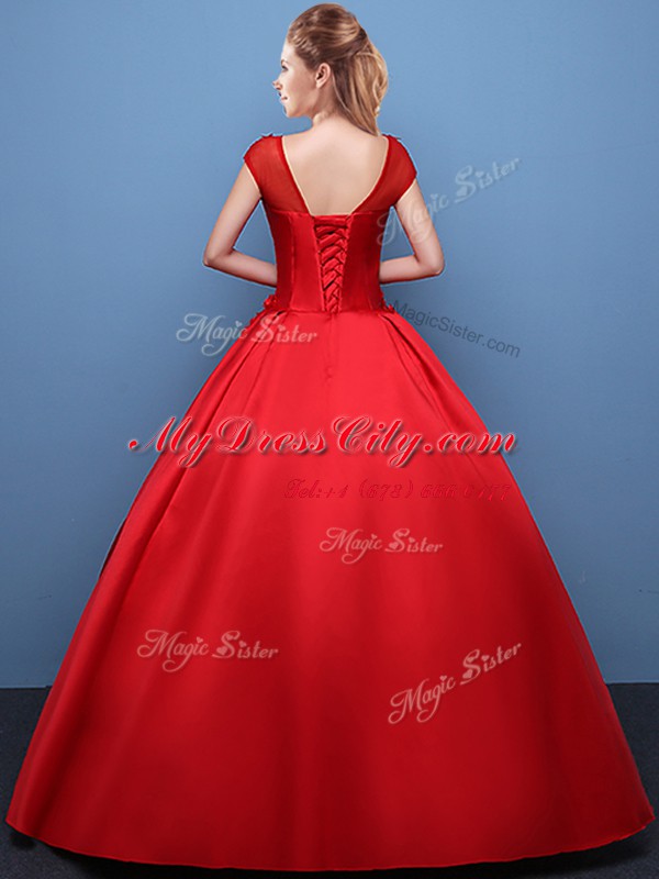 Noble Floor Length Red Sweet 16 Dress Scoop Cap Sleeves Lace Up