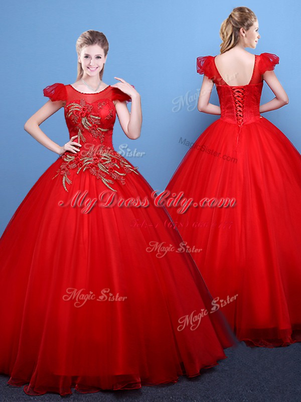 Red Ball Gowns Scoop Short Sleeves Tulle Floor Length Lace Up Appliques Quince Ball Gowns