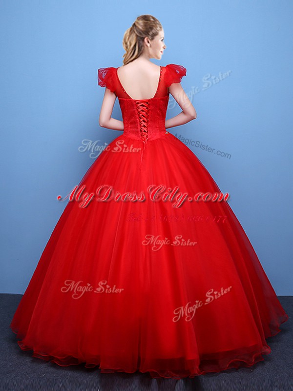 Red Ball Gowns Scoop Short Sleeves Tulle Floor Length Lace Up Appliques Quince Ball Gowns