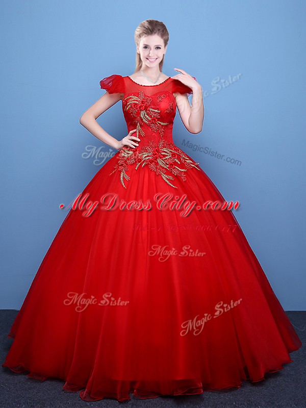 Red Ball Gowns Scoop Short Sleeves Tulle Floor Length Lace Up Appliques Quince Ball Gowns