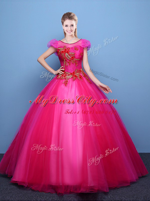 Discount Hot Pink Lace Up Scoop Appliques Quinceanera Dresses Tulle Short Sleeves