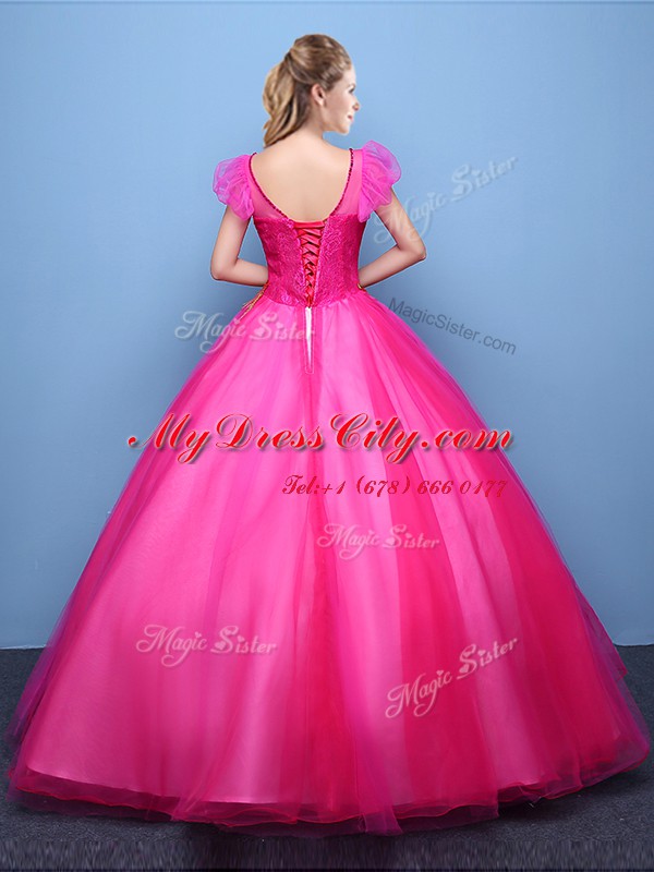 Discount Hot Pink Lace Up Scoop Appliques Quinceanera Dresses Tulle Short Sleeves