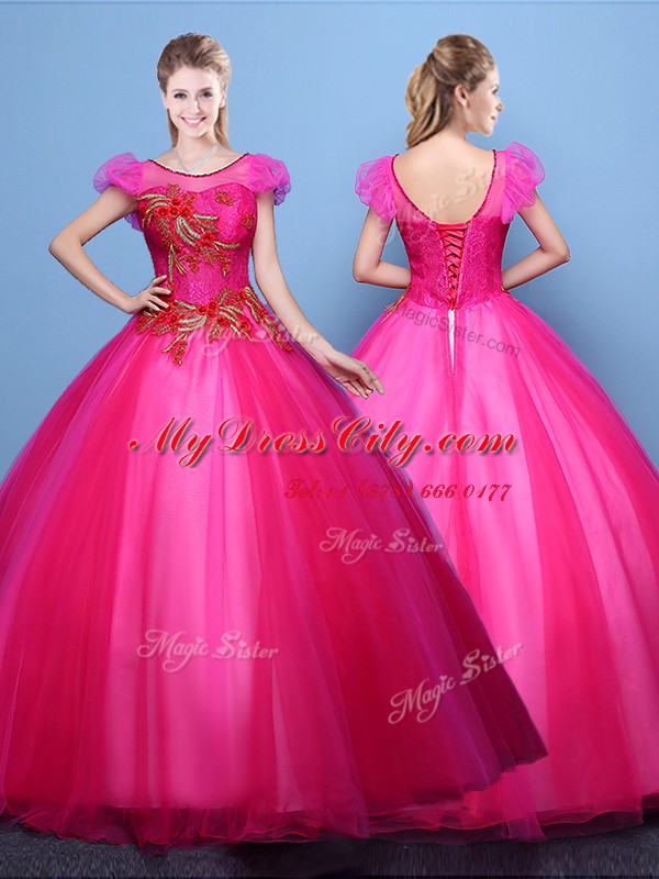 Discount Hot Pink Lace Up Scoop Appliques Quinceanera Dresses Tulle Short Sleeves