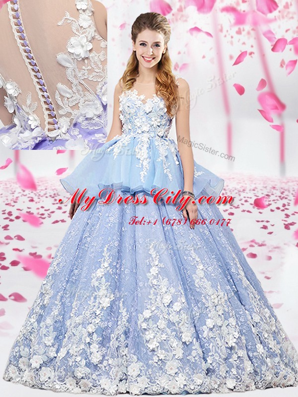 Hot Selling Scoop Organza and Tulle Sleeveless Floor Length Sweet 16 Dress and Lace and Appliques