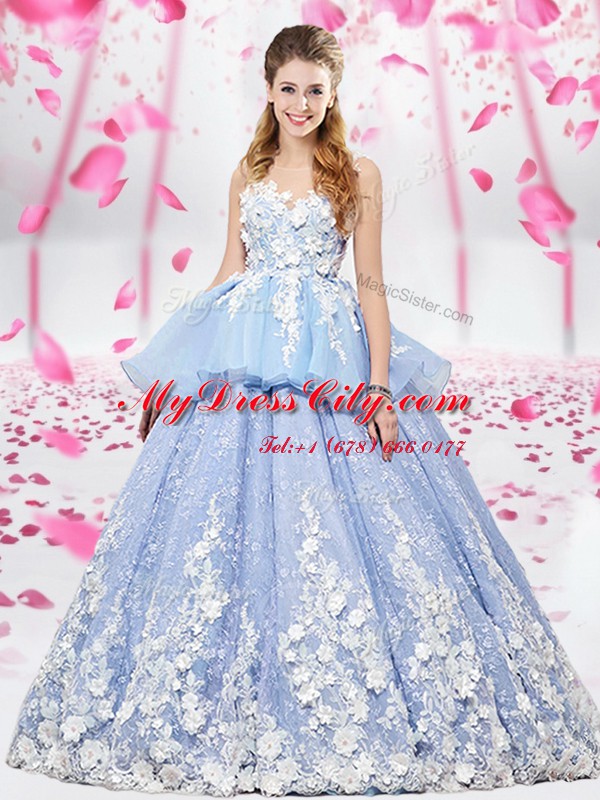 Hot Selling Scoop Organza and Tulle Sleeveless Floor Length Sweet 16 Dress and Lace and Appliques