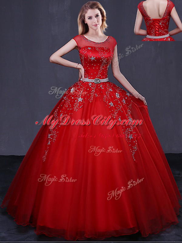 Red Ball Gowns Scoop Cap Sleeves Tulle Floor Length Lace Up Beading and Belt Sweet 16 Dress