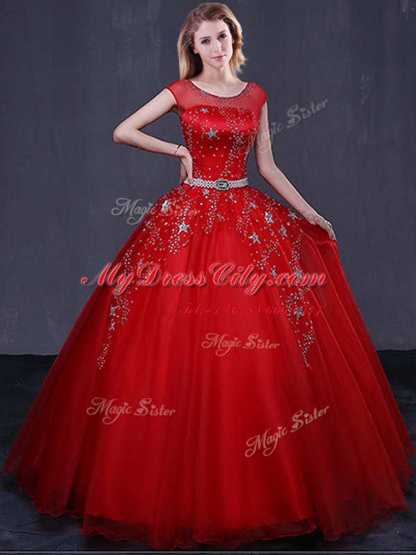 Red Ball Gowns Scoop Cap Sleeves Tulle Floor Length Lace Up Beading and Belt Sweet 16 Dress