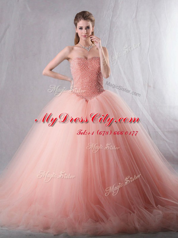 Customized Tulle Sleeveless With Train Sweet 16 Dresses Brush Train and Beading