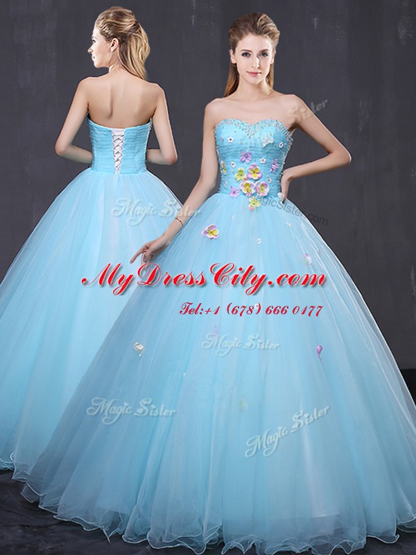 Colorful Floor Length Light Blue Quinceanera Dresses Tulle Sleeveless Beading and Appliques