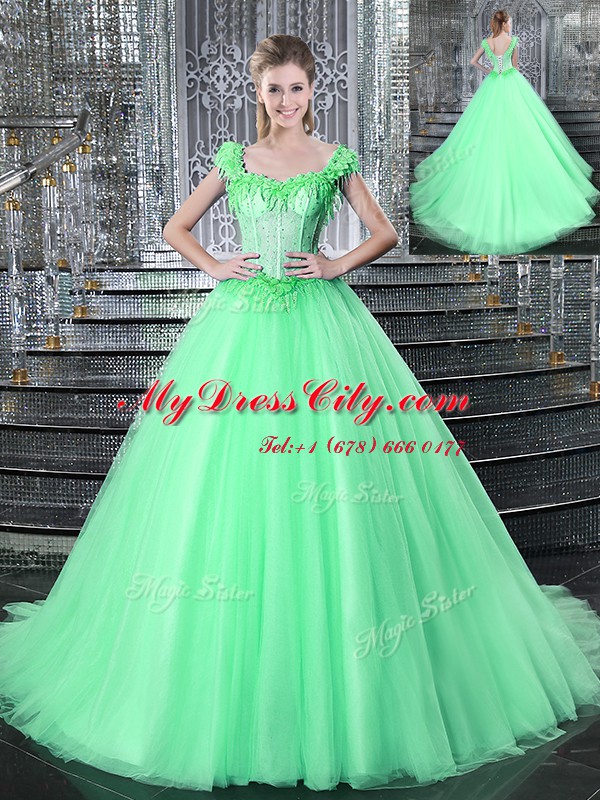 Classical Straps Sleeveless Brush Train Lace Up Quinceanera Dresses Apple Green Tulle