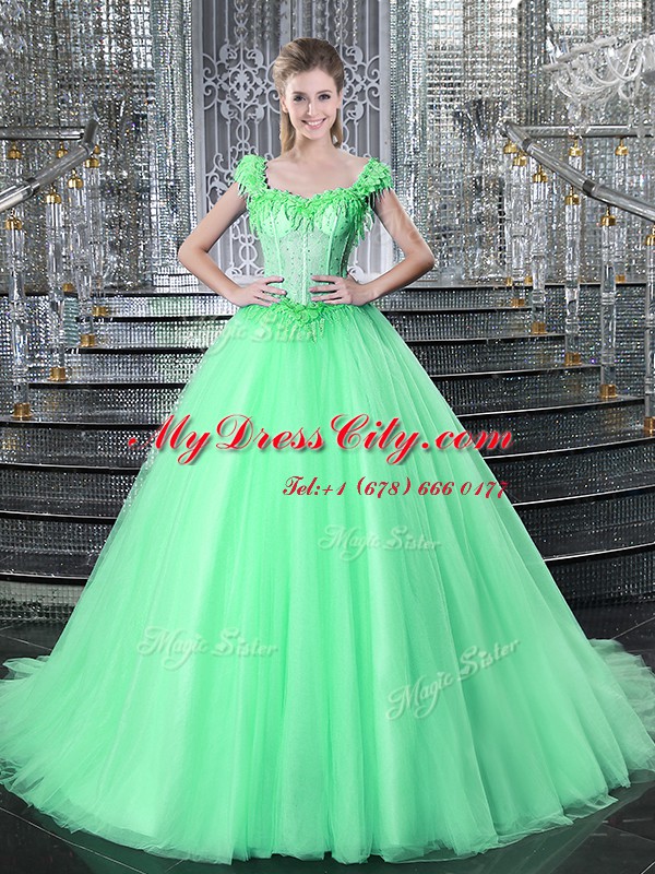 Classical Straps Sleeveless Brush Train Lace Up Quinceanera Dresses Apple Green Tulle