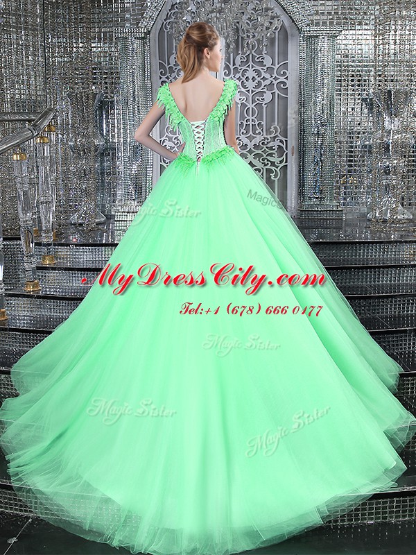 Classical Straps Sleeveless Brush Train Lace Up Quinceanera Dresses Apple Green Tulle