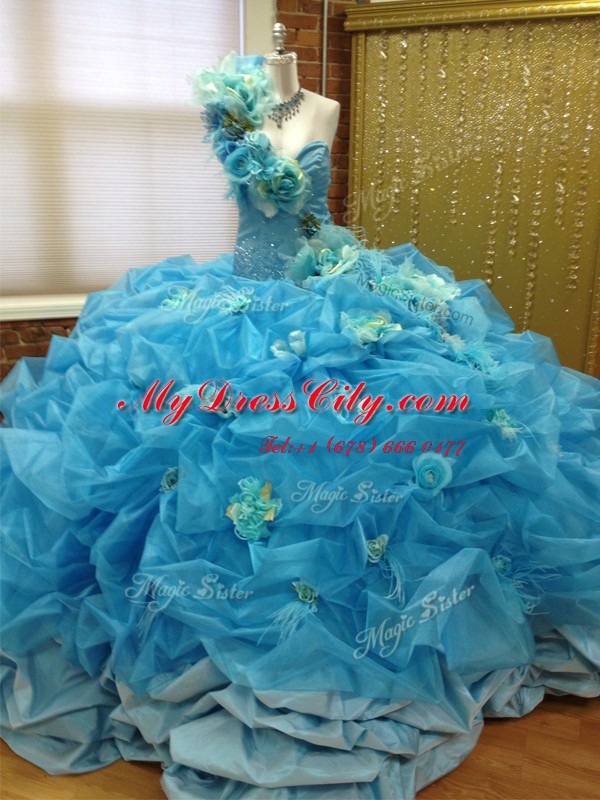 Custom Design One Shoulder Sleeveless Pick Ups and Hand Made Flower Lace Up Ball Gown Prom Dress