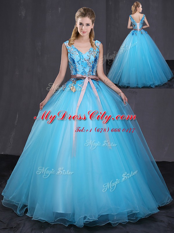 Fashionable Floor Length Ball Gowns Sleeveless Blue Sweet 16 Dress Lace Up