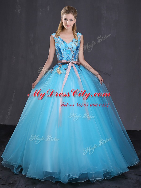 Fashionable Floor Length Ball Gowns Sleeveless Blue Sweet 16 Dress Lace Up