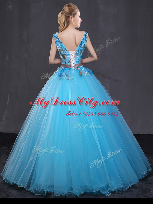 Fashionable Floor Length Ball Gowns Sleeveless Blue Sweet 16 Dress Lace Up