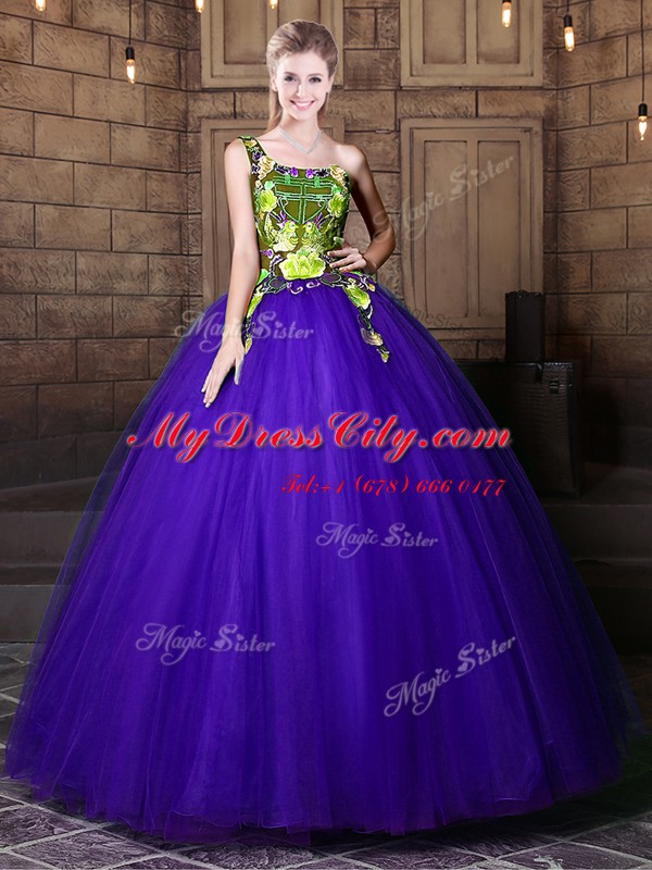 One Shoulder Sleeveless Tulle Floor Length Lace Up 15th Birthday Dress in Blue with Pattern