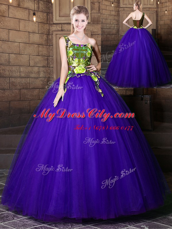 One Shoulder Sleeveless Tulle Floor Length Lace Up 15th Birthday Dress in Blue with Pattern