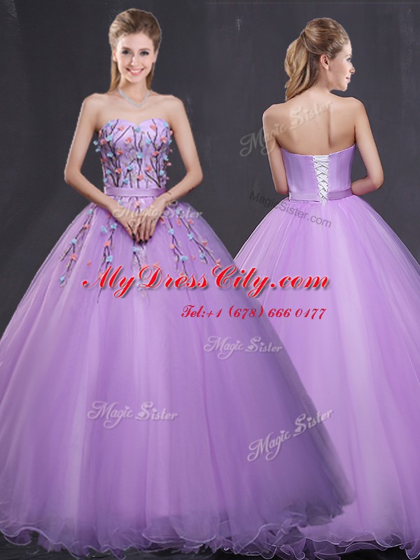 Adorable Lavender Quinceanera Dresses Military Ball and Sweet 16 and Quinceanera and For with Appliques Sweetheart Sleeveless Lace Up