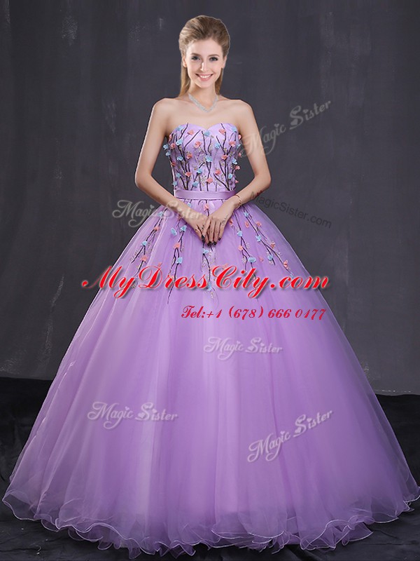 Adorable Lavender Quinceanera Dresses Military Ball and Sweet 16 and Quinceanera and For with Appliques Sweetheart Sleeveless Lace Up