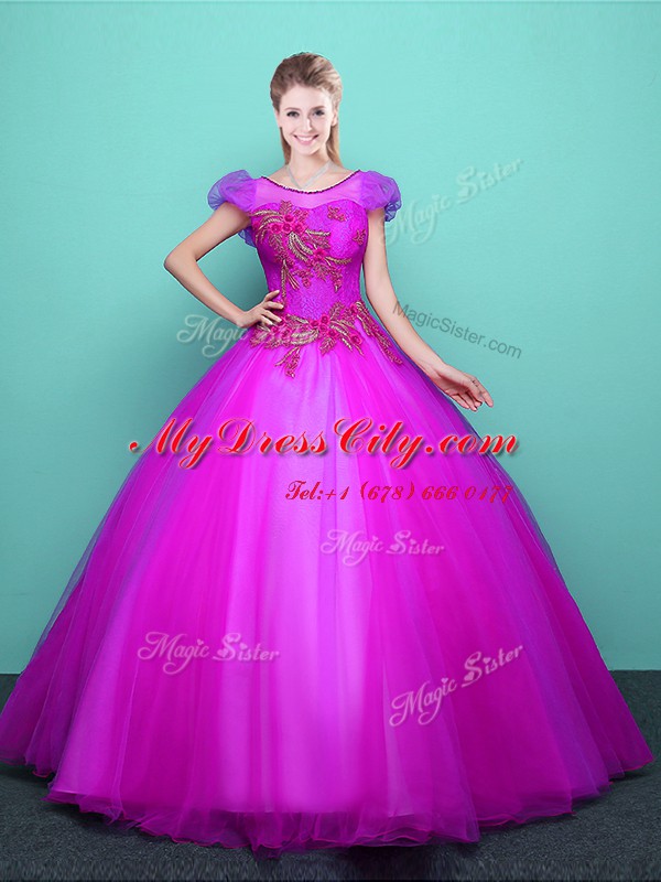 Chic Ball Gowns Sweet 16 Dress Fuchsia Scoop Tulle Short Sleeves Floor Length Lace Up