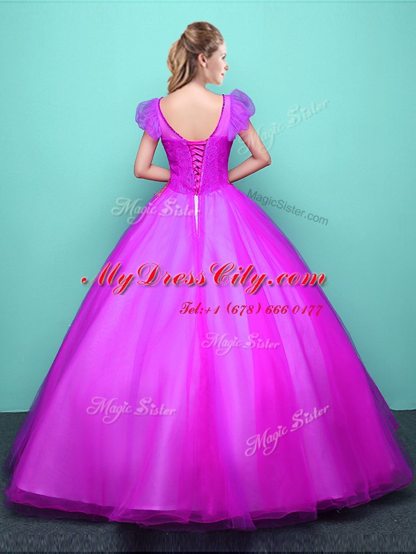 Chic Ball Gowns Sweet 16 Dress Fuchsia Scoop Tulle Short Sleeves Floor Length Lace Up