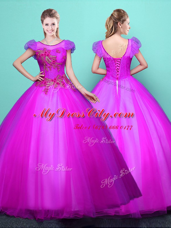 Chic Ball Gowns Sweet 16 Dress Fuchsia Scoop Tulle Short Sleeves Floor Length Lace Up