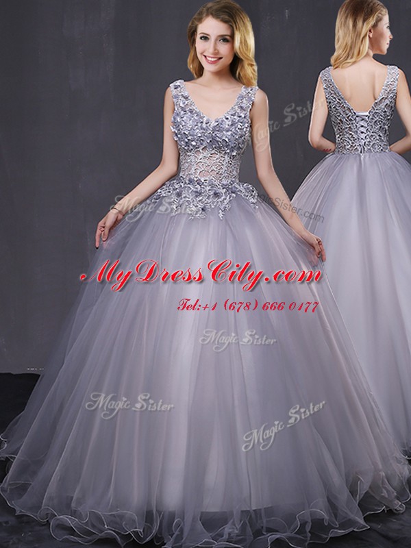 Elegant Sleeveless Lace Up Sweet 16 Dress Grey Tulle