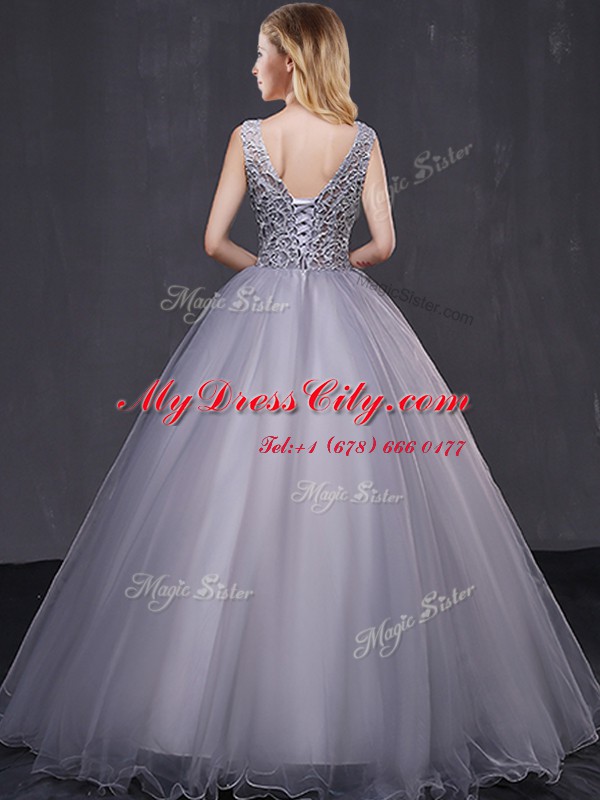 Elegant Sleeveless Lace Up Sweet 16 Dress Grey Tulle