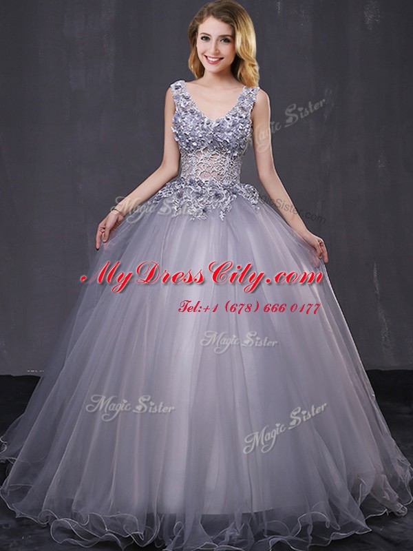 Elegant Sleeveless Lace Up Sweet 16 Dress Grey Tulle